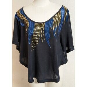 FREE PEOPLE Y2K Blue/Gold Studded Black Circular T-Shirt Top Small